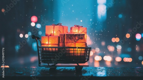 Glowing gifts in a shopping cart on a rainy night in a busy city street
