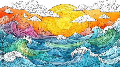 Waves and sun create a vibrant scene with mountains in the background during a colorful sunset