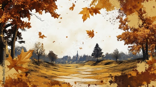 Scene of autumn leaves falling near a landscape with a distant skyline and trees during the day