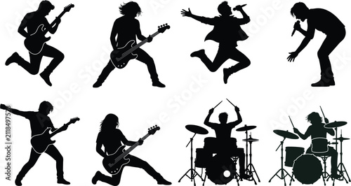Canvastavla Rock Band Silhouettes Collection with Musicians Singing Guitar and Drums