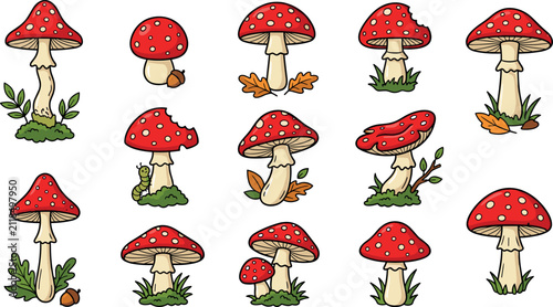 Obraz na płótnie Red Mushroom Vector Illustration Set with Fly Agaric Toadstool, Acorn, Leaf, Gra