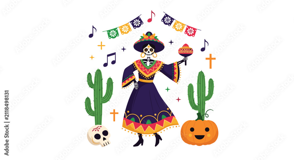 Naklejka premium Elegant skeleton catrina dancing in traditional mexican dress with maracas for day of the dead festival.