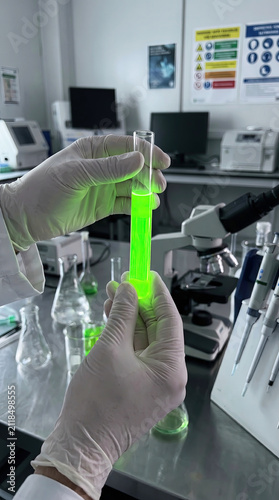 Gloved scientist hand holds test tube with glowing green reagent in modern lab, microscope and equipment blurred behind, biotechnology research concept