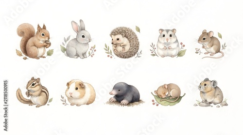 Small Animals Collection Watercolor Illustration – Cute Woodland and Pet Animals Flat Lay on White Background