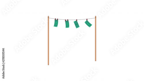 Banknotes hanging from clothesline with clothespins 2D cartoon object animation. Dirty money laundering. Illegal finance. Economic crime animated flat colorful 4K video isolated on transparent