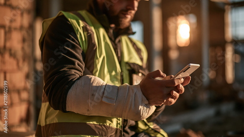 Construction Worker with Injured Arm on Phone