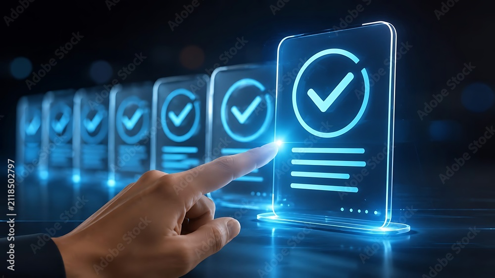 Obraz premium Hand interacting with glowing digital checkmark display representing online verification and data approval