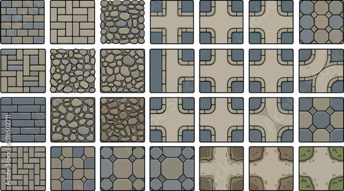 Set of top down ground tiles for game development featuring stone brick pavement and dirt path textures