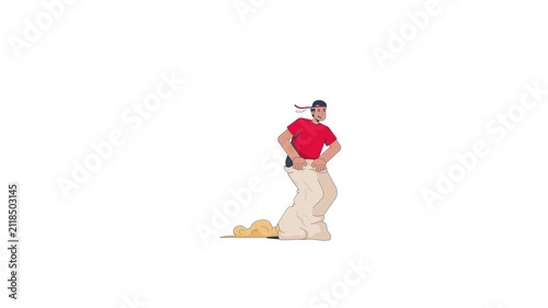 Man participating in traditional Indonesian sack race 2D character animation. Guy competing during Independence Day celebration animated person cartoon 4K video isolated on transparent background