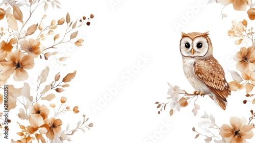 Autumn Owl Watercolor: An adorable owl with large, curious eyes perches on a delicate branch, surrounded by soft watercolor floral elements in warm autumnal hues.
