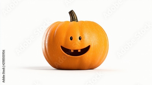 Happy Jack-o'-lantern Smile: A cheerful pumpkin with a carved grinning face and missing tooth, ready for Halloween festivities, isolated on a clean white background.
