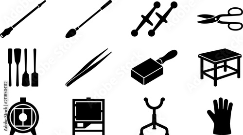 Foto Glassblowing tools equipment set including blowpipe jacks shears marver bench fu
