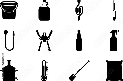 Foto Home brewing equipment icons set including carboy airlock capper kettle hydromet