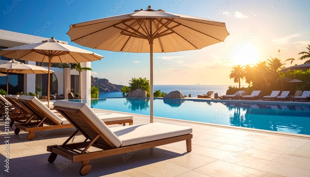Fototapeta premium Luxury Tropical Hotel Swimming Pool Overlooking the Ocean with Palm Trees, Blue Water, and Paradise Resort Landscape for Relaxing Summer Vacation Travel