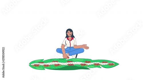 Woman eating traditional kembulan leaf-wrapped rice meal 2D character animation. Communal Indonesian dining experience. Javanese female talking and gesturing animated person cartoon 4K video isolated