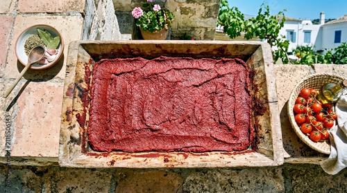 Freshly Spread Sun Dried Tomato Paste on Rustic Stone Surface With Fresh Tomatoes and Spoon