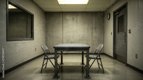 Interrogation, Room, Empty Interrogation Room with One Way Mirror and Metal Table. cold industrial concrete walls, a reflective one-way glass pane, an