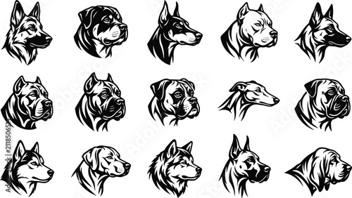 Powerful Dog Breed Head Profile Mascot Icon Set Featuring Strong Guard Canine Tribal Tattoo Vector Logo Designs