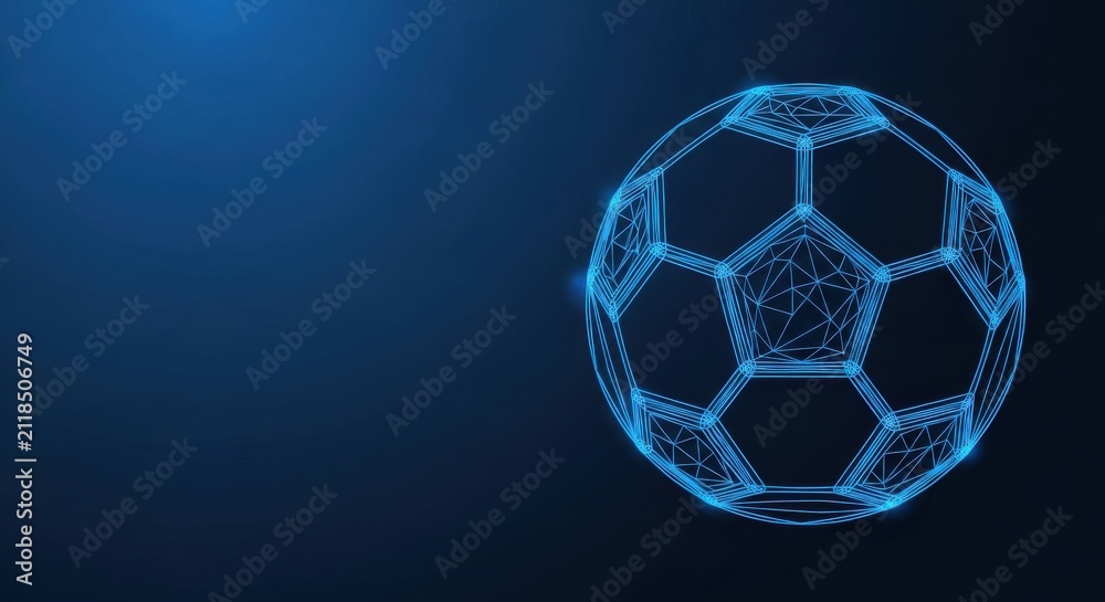 Naklejka premium Futuristic Digital Soccer Ball Wireframe Glowing Blue with Geometric Polygon Design on Dark Background