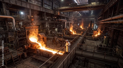 A high-detail look at the intense work conditions of heavy steel manufacturing, showcasing glowing fire streams and high-capacity casting equipment.