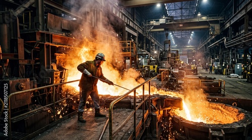 A brave worker experiences the extreme conditions of heavy metallurgy, managing a hot furnace under protective industrial safety regulations.