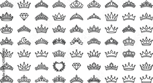 Obraz na plátně Imperial Coronets and Bridal Tiara Outline Icon Grid Featuring Precious Gem Diam