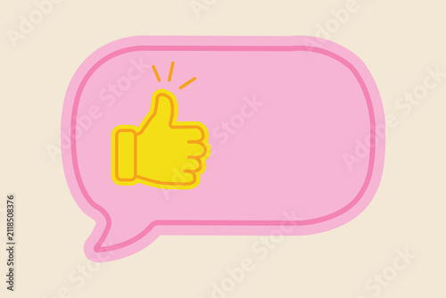 Thumbs up emoji icon inside a pink speech bubble vector illustration with copy space