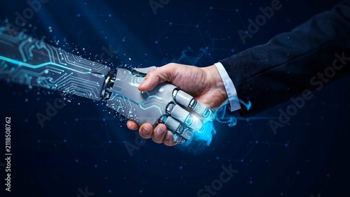 Human and robot handshake representing artificial intelligence partnership and innovation