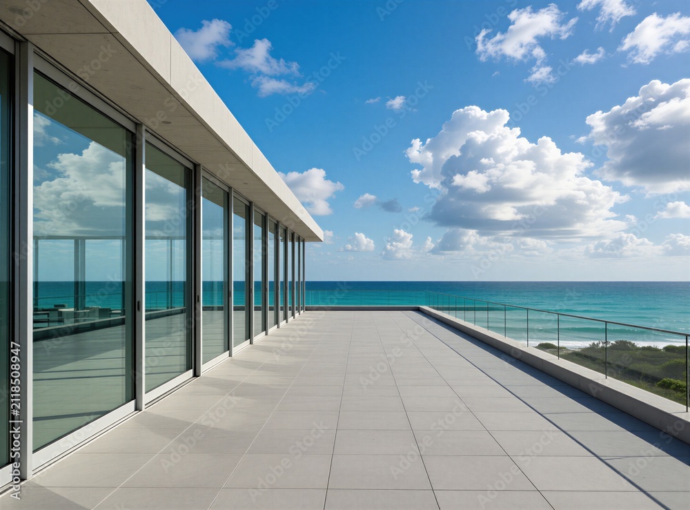 Obraz premium Modern minimalist terrace building exterior near blue ocean. Large glass windows reflect sky clouds. Sunny day bright light illuminates white stone floor tiles. Empty luxury house balcony provides