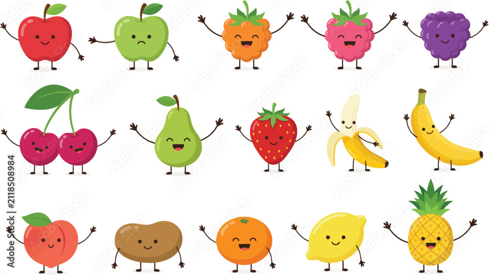 Fototapeta premium Cute cartoon fruits vector illustration set, friendly organic food characters collection with different facial expressions isolated on white background