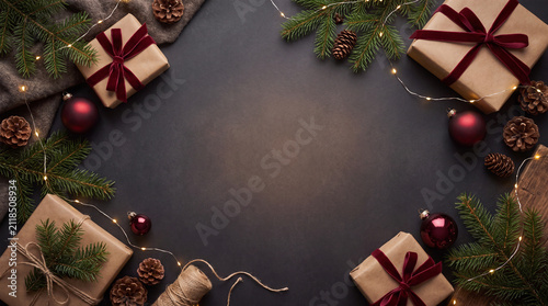 Christmas gifts and decorations arranged on a dark surface
