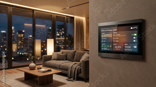 Smart home control touchscreen device mounted on dark wall in stylish living room at night.
