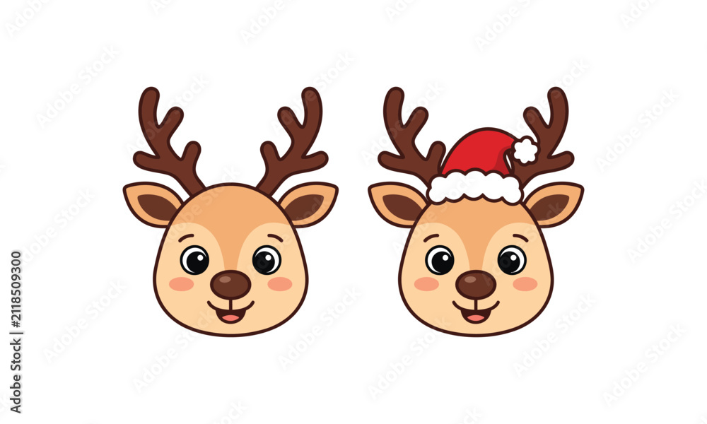 Obraz premium Cute cartoon reindeer heads with and without santa hat as an editable vector illustration for christmas holiday designs