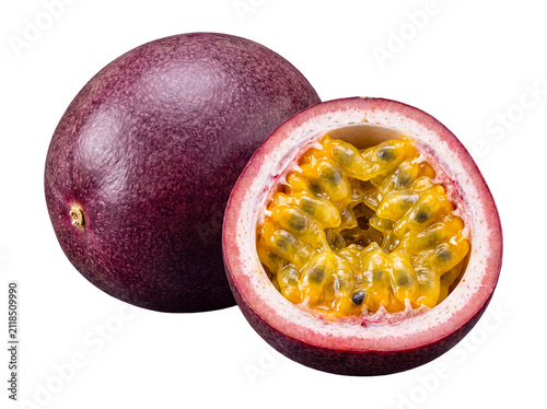 A beautifully ripened whole passion fruit positioned next to a vibrant half, exposing its juicy, golden pulp.