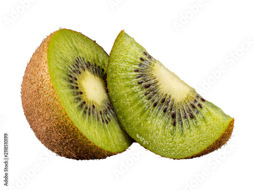 Foto Freshly cut kiwi fruit, precisely split into two vibrant halves.