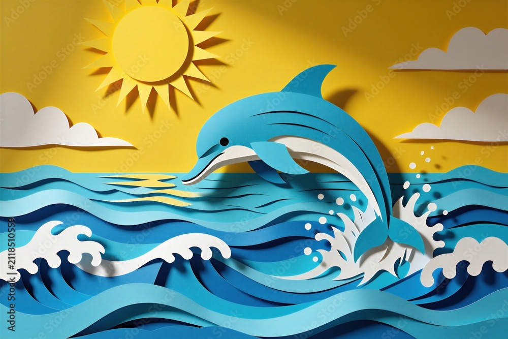 Naklejka premium Blue paper cut dolphin jumps from ocean water waves. Bright yellow sun shines in sky with white clouds. Handcrafted art style scene shows sea animal movement. Summer travel theme design for creative