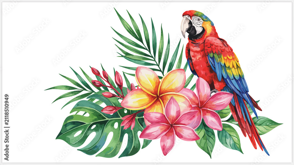 Obraz premium Watercolor tropical bouquet vector illustration, exotic parrot macaw bird with blooming plumeria flowers and monstera palm leaves composition isolated on white background