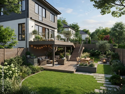 Modern twostory house with spacious multilevel deck and landscaped backyard