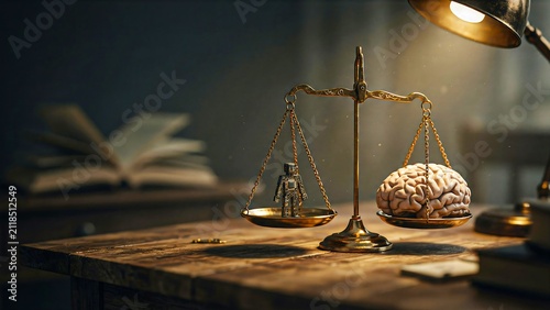 Justice balance scale with human brain representing legal ethics and artificial intelligence