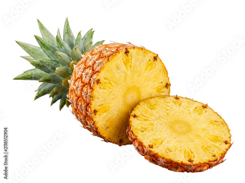 Cuadro en lienzo Vibrant fresh pineapple, ripe and juicy, expertly cut to reveal one perfect circular slice on a transparent background