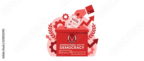 Hand dropping vote ballot into red democracy box illustration