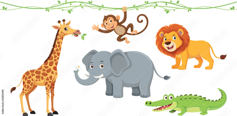 Naklejka premium Cute Jungle Safari Animal Vector Illustration Set with Lion, Elephant, Giraffe, Monkey, and Crocodile for Kids Nursery Decor and Baby Bedroom Wall Designs
