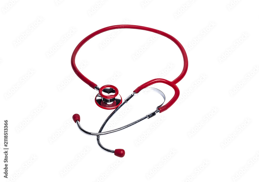 Fototapeta premium Red medical stethoscope isolated on a transparent background.