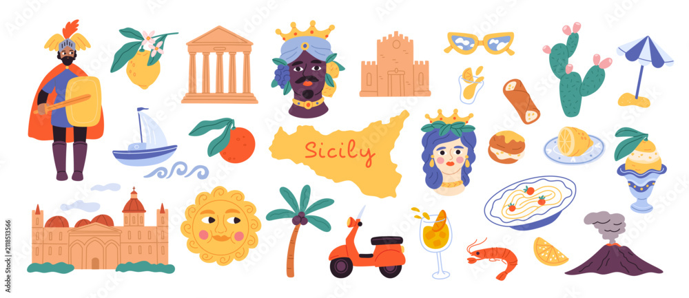 Fototapeta premium Mediterranean sicilian summer. Travel elements with landmarks, Italian food, citrus, volcano, beach and cultural symbols, local culture and tourism symbol garish vector cartoon isolated set