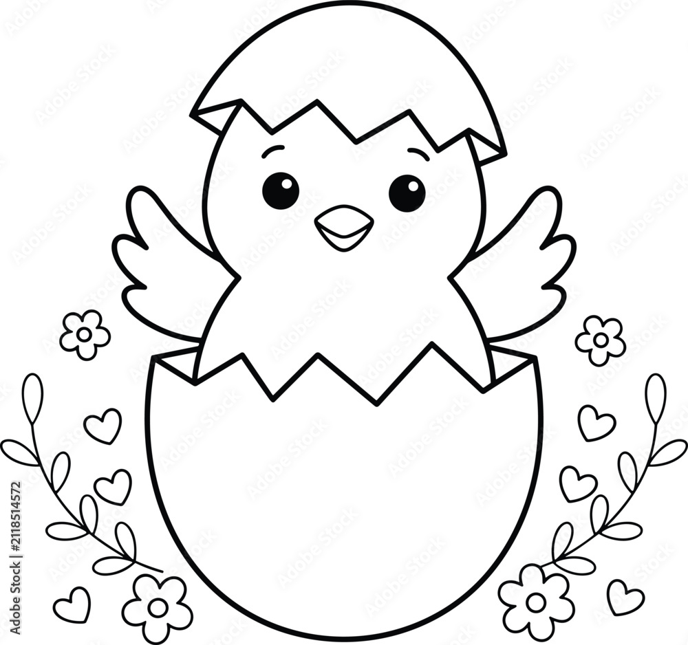 Fototapeta premium Cute Coloring Page Featuring a Happy Baby Chick Hatching from an Egg with Spring Flowers and Hearts for Kids Activity Books