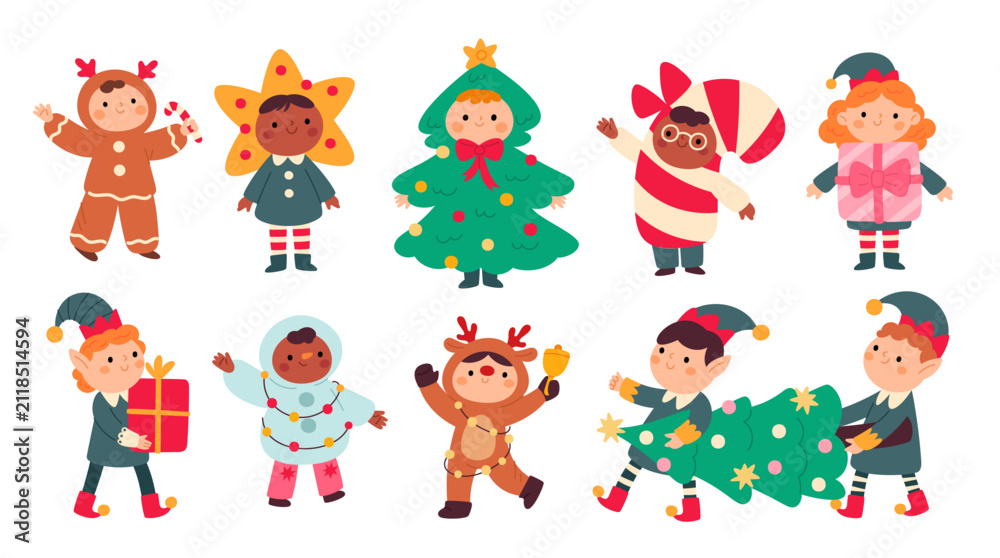 Fototapeta premium Children in christmas costumes. Cute kids in festive clothes, reindeer, elf, tree, gift box, gingerbread and candy cane, winter holiday party celebration garish vector cartoon isolated set
