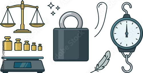 Fotografie Weight Measurement and Balance Scale Vector Illustration Set Featuring Hanging S