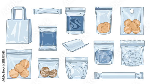 Comprehensive collection of clear plastic and foil packaging pouches in different sizes used for food storage.