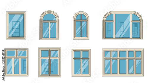 Collection of eight realistic architectural window designs with different shapes, frames, and blue glass panes.