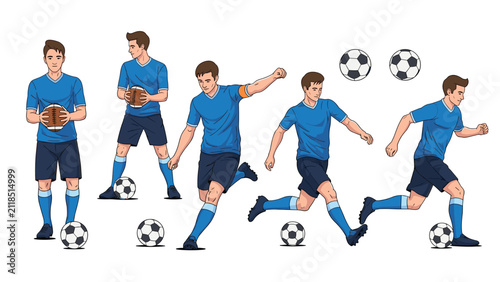 Soccer players in blue uniforms showing different physical actions such as kicking, running, and throwing the football.